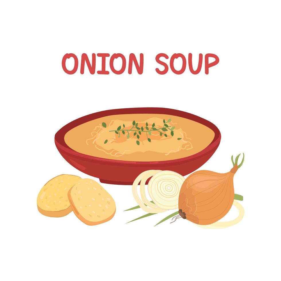 A bowl of hot onion soup. French cuisine. Soup croutons. Vegetable soup. vector