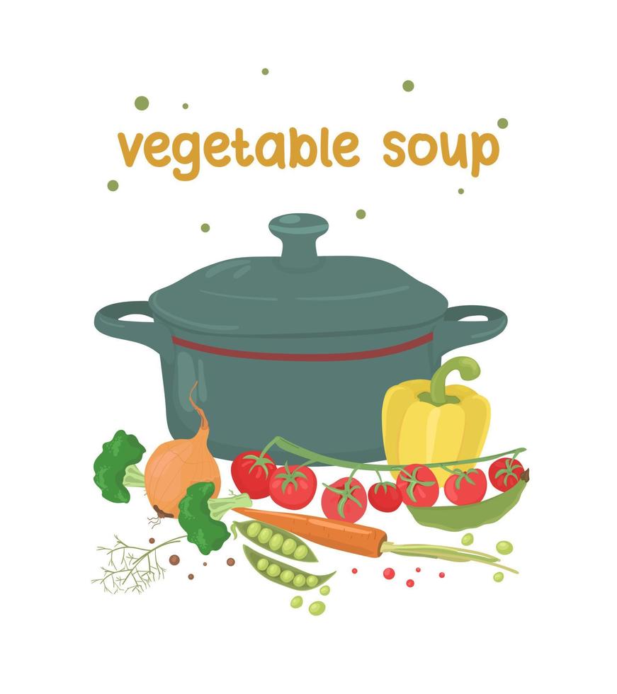 Pot with soup. Fresh homemade vegetable soup. Set of vegetables for soup. hot broth. vector