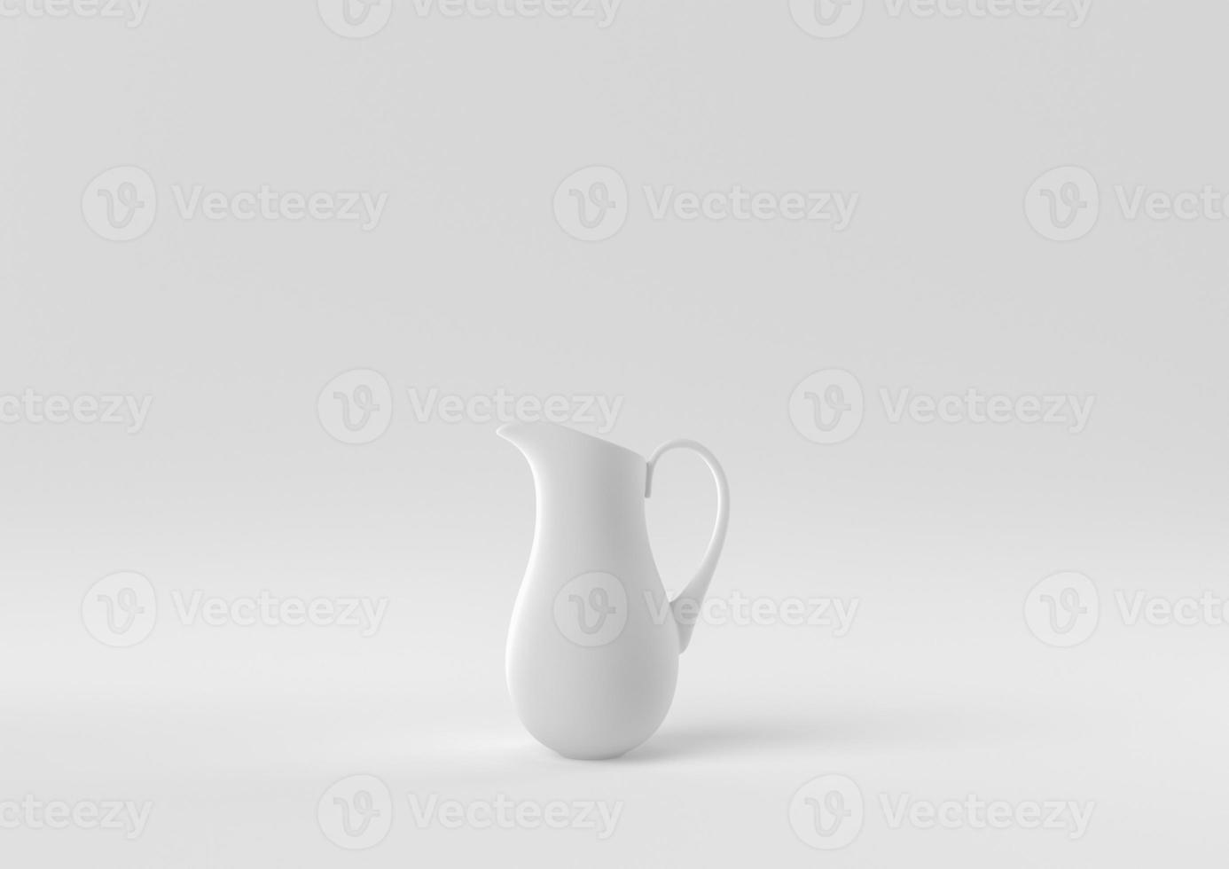 jarra blanca o jarra de leche flotando en fondo blanco. idea de concepto mínimo creativo. monocromo. procesamiento 3d foto