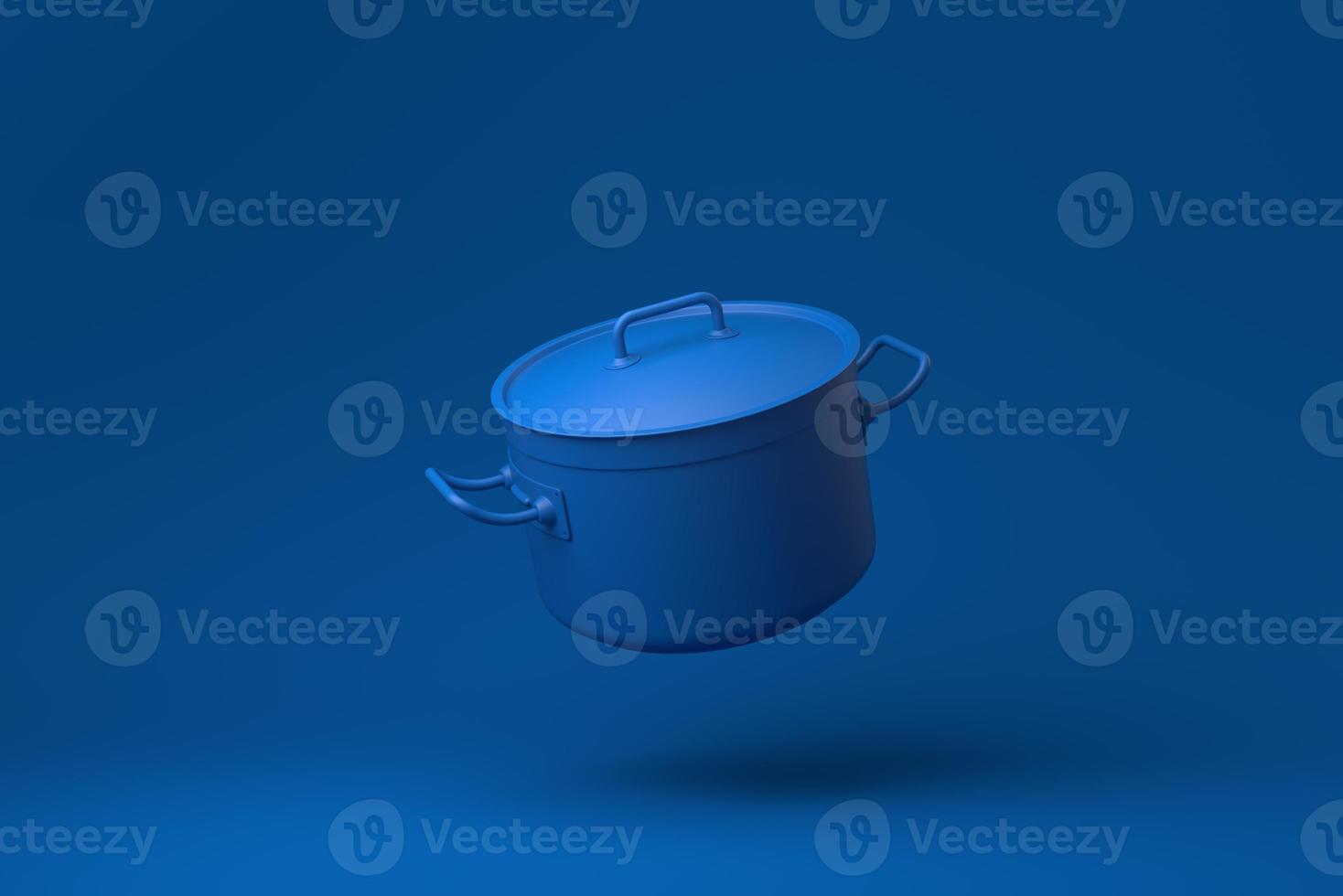 Blue Stainless steel pot floating in blue background. minimal concept idea creative. monochrome. 3D render. photo