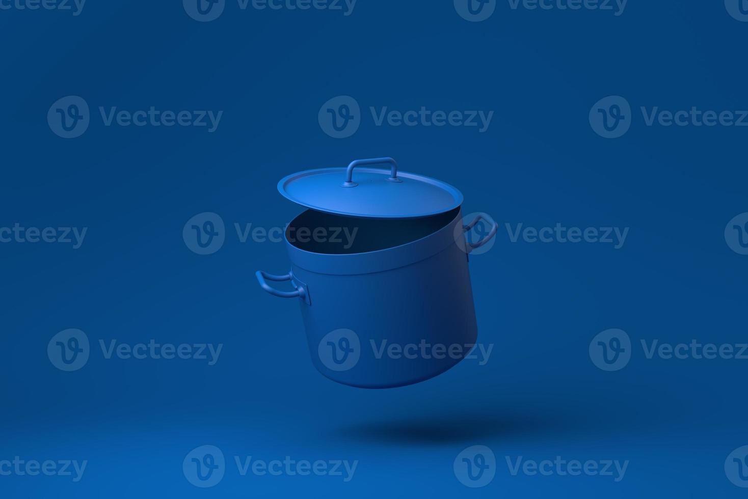 Blue Stainless steel pot floating in blue background. minimal concept idea creative. monochrome. 3D render. photo