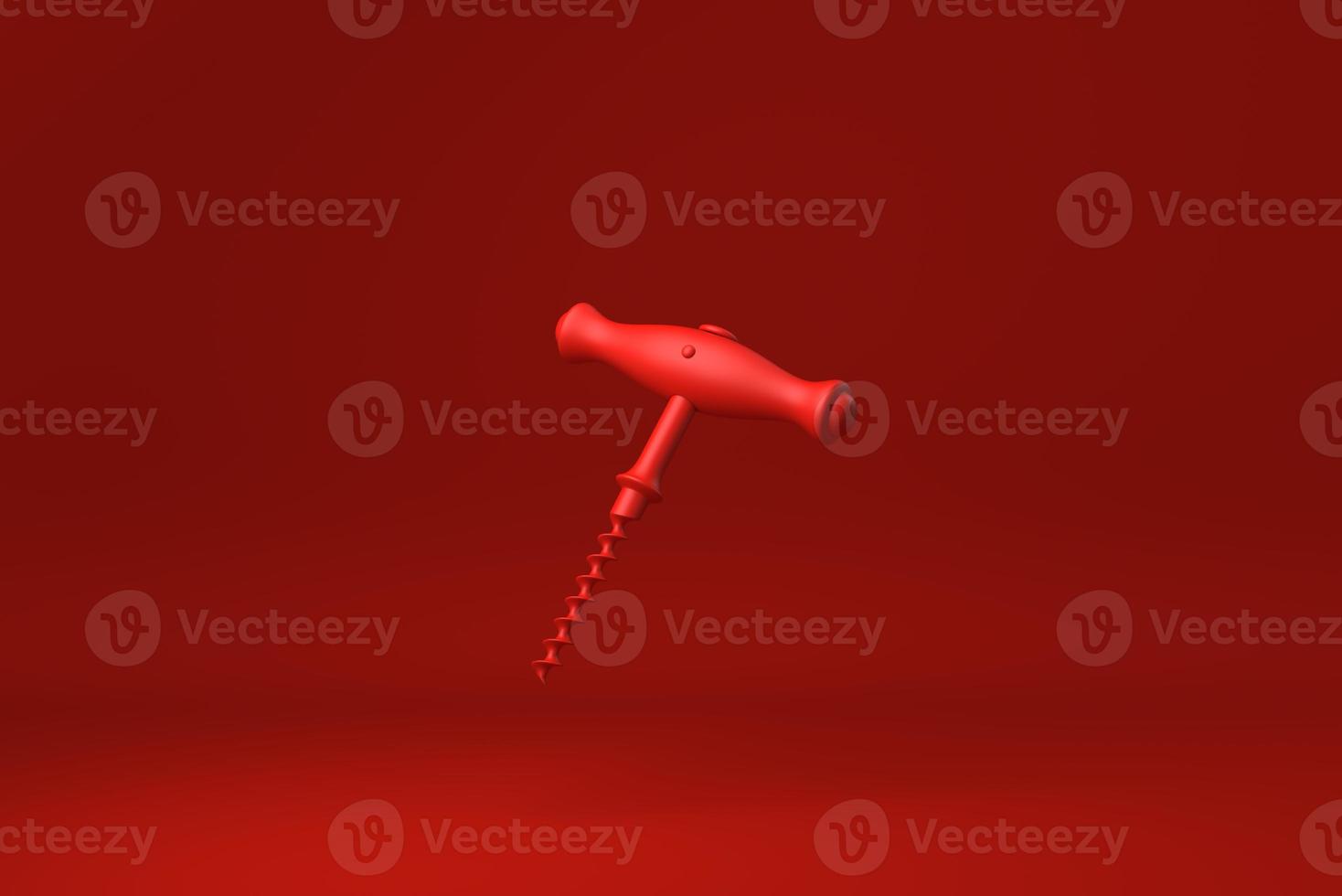 Red Wine corkscrew with wooden handle floating in Red background. minimal concept idea creative. monochrome. 3D render. photo