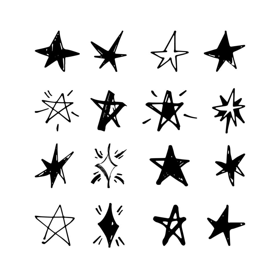 juego de estrellas de fideos. estrellas dibujadas a mano y símbolos de destellos. vector. vector