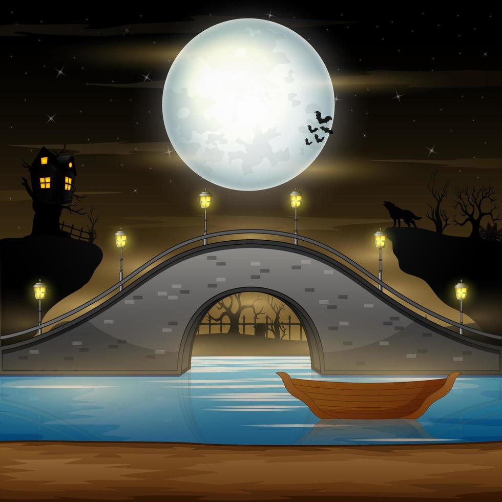 Arch bridge and castle on moonlight landscape vector