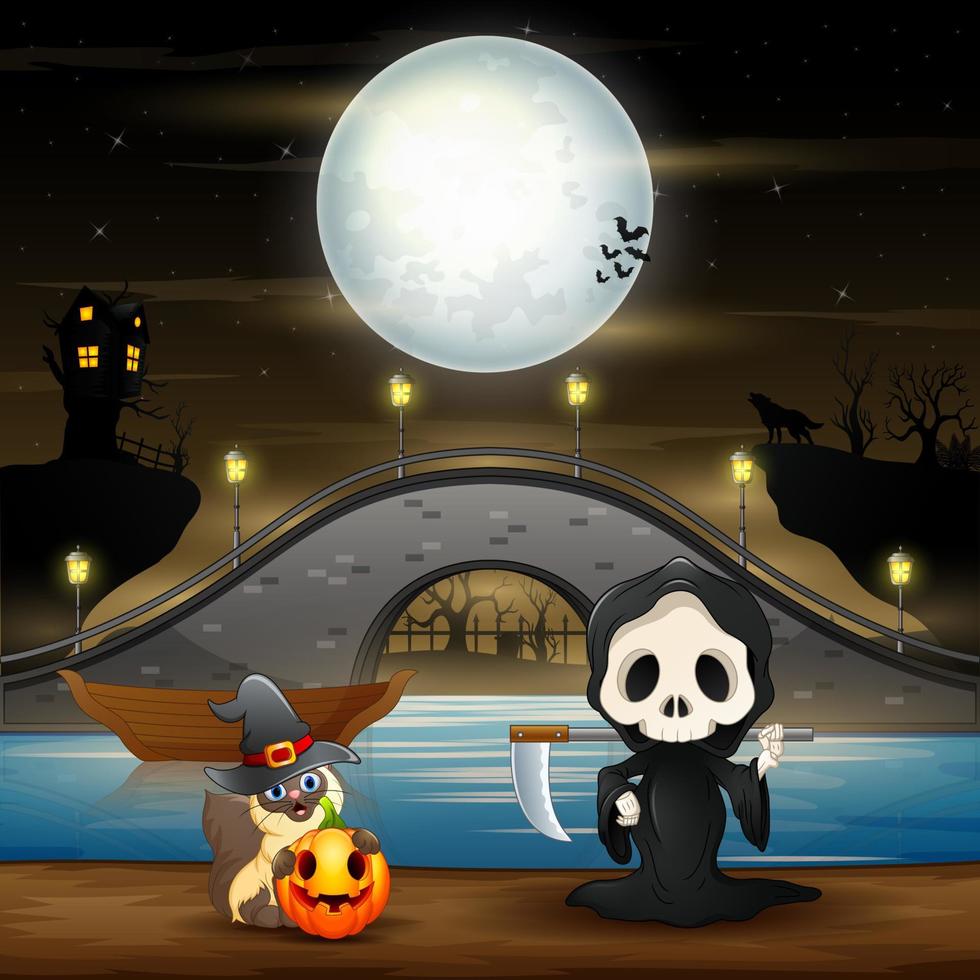 Night scene with grim reaper in the riverside vector