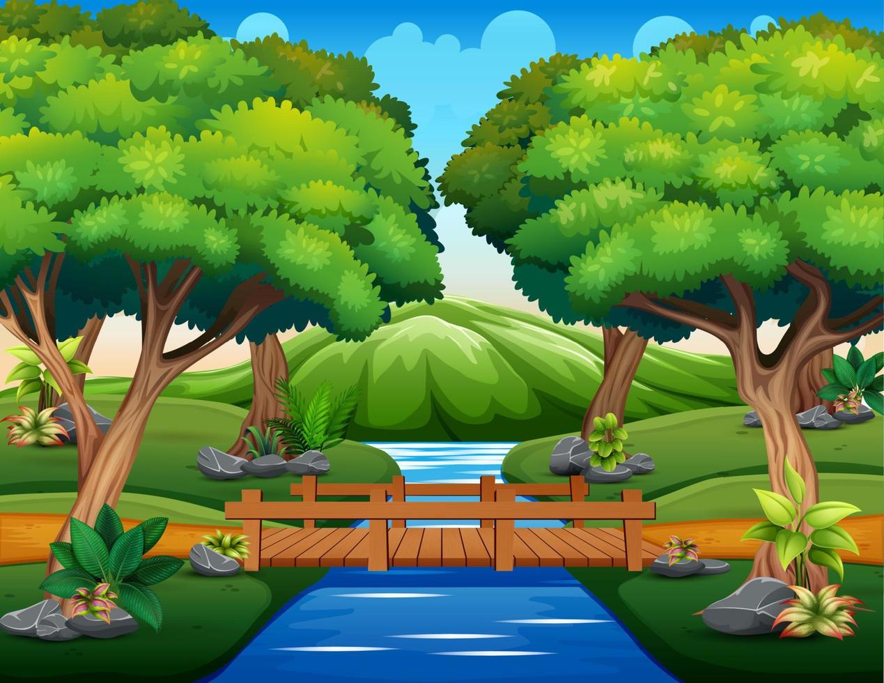 caricatura del pequeño puente de madera en el bosque vector