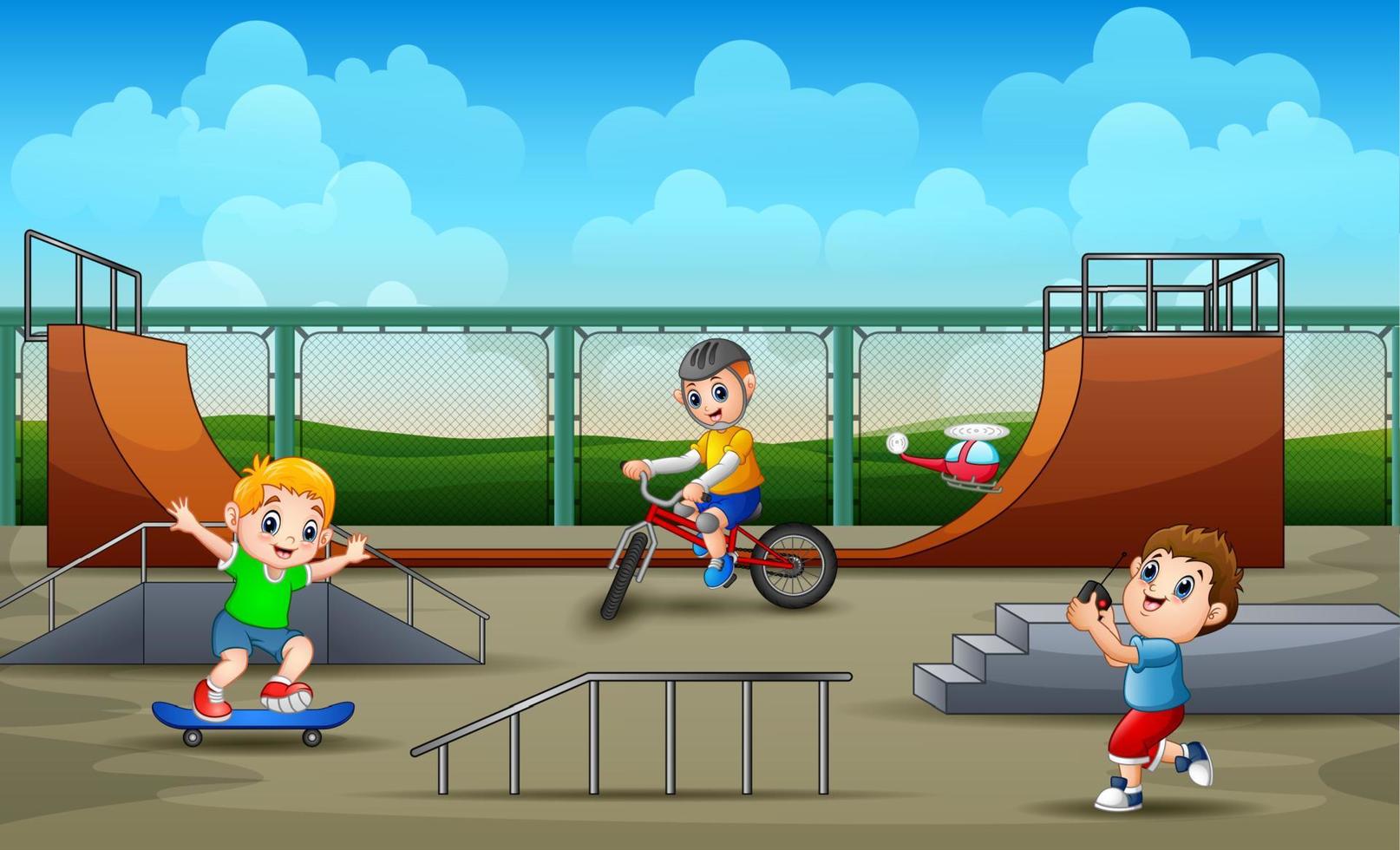 Happy boys having fun on the skate park vector