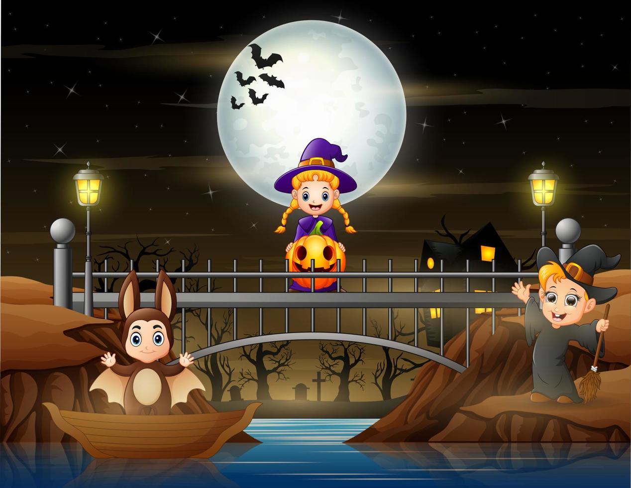 Happy kids in halloween costume celebrating on bridge vector