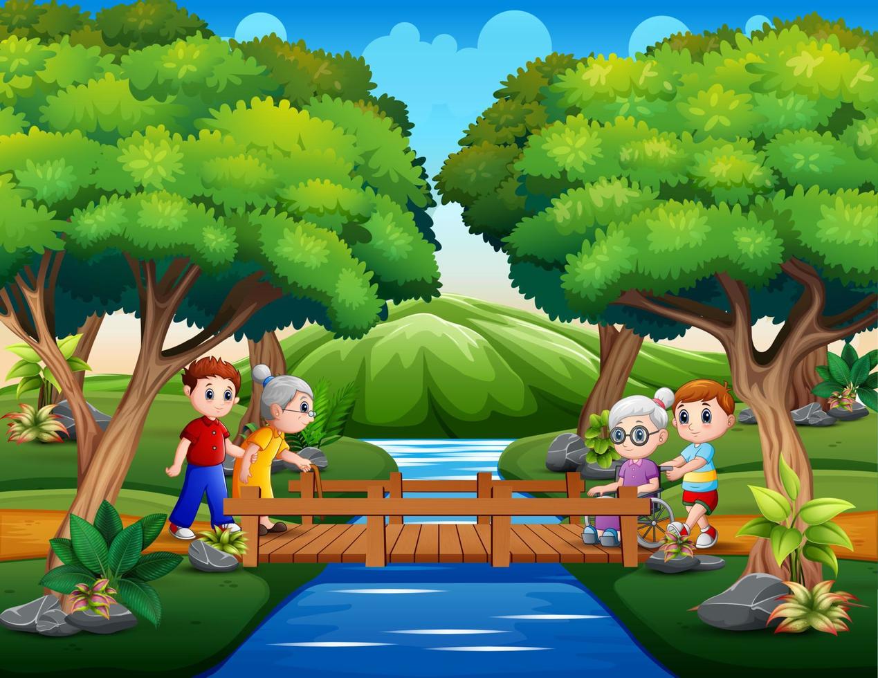 The elderly with her grandchild across wooden bridge vector