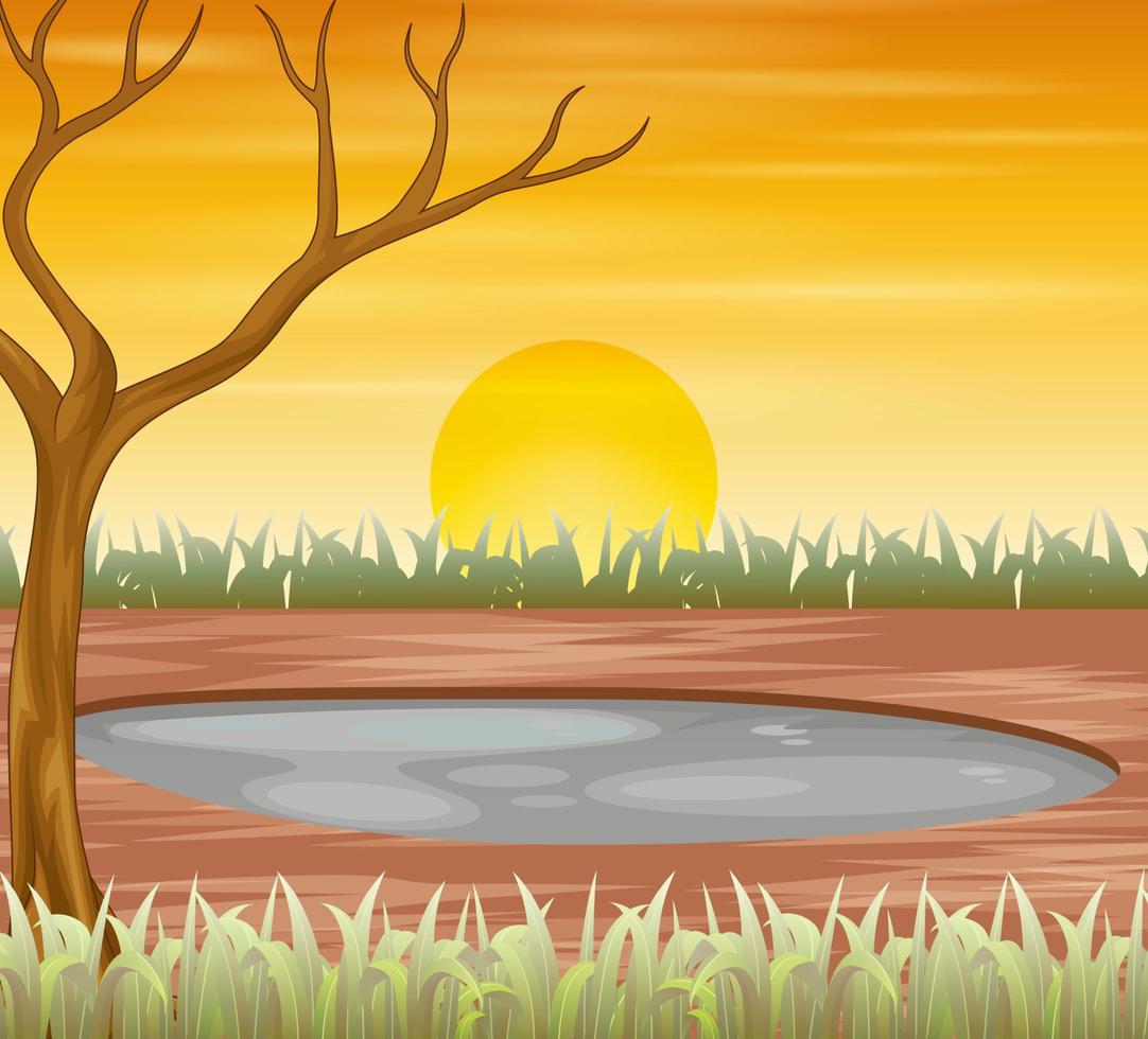 escena del atardecer con árbol seco en verano vector