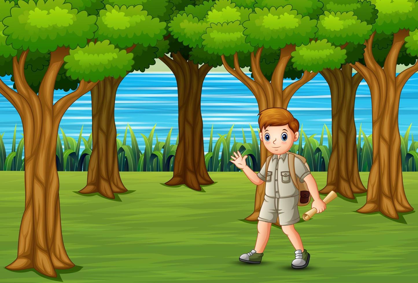 boy scout con mochila de senderismo en el bosque vector