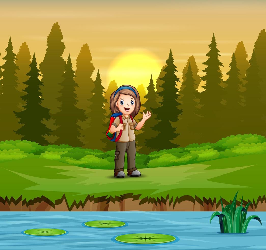 Girl scout in uniform hiking on the forest vector