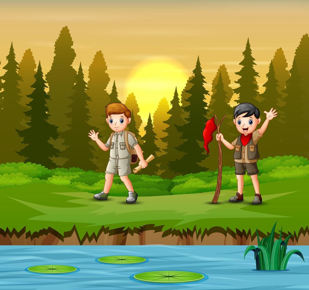 Sunset at forest background with a scout boys vector