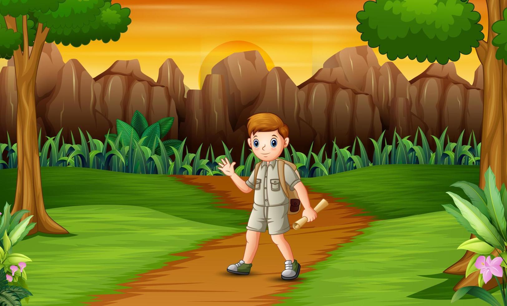 Scout boy exploring the forest with his maps vector