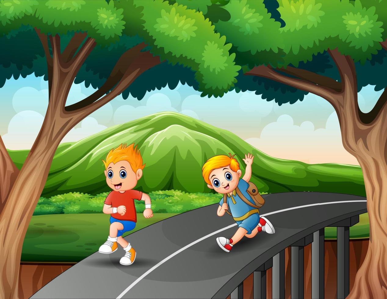 Little boys running on the road vector