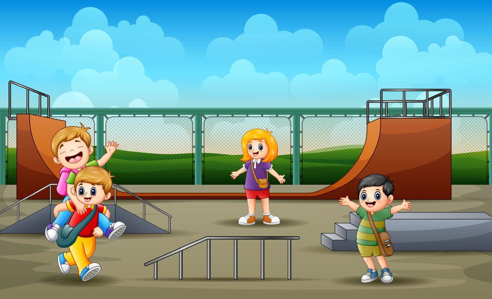 Children cartoon playing in the skatepark vector