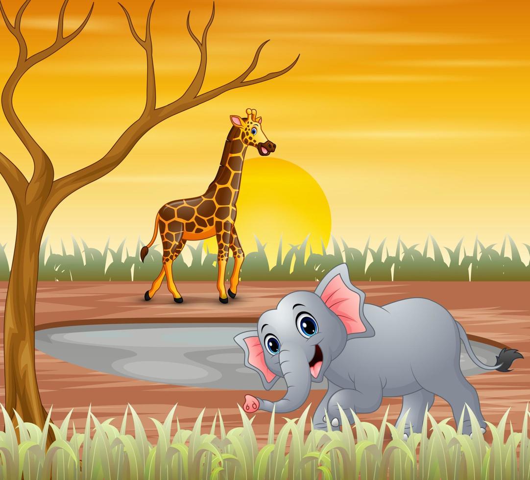 Animals cartoon playing under on the dry land vector