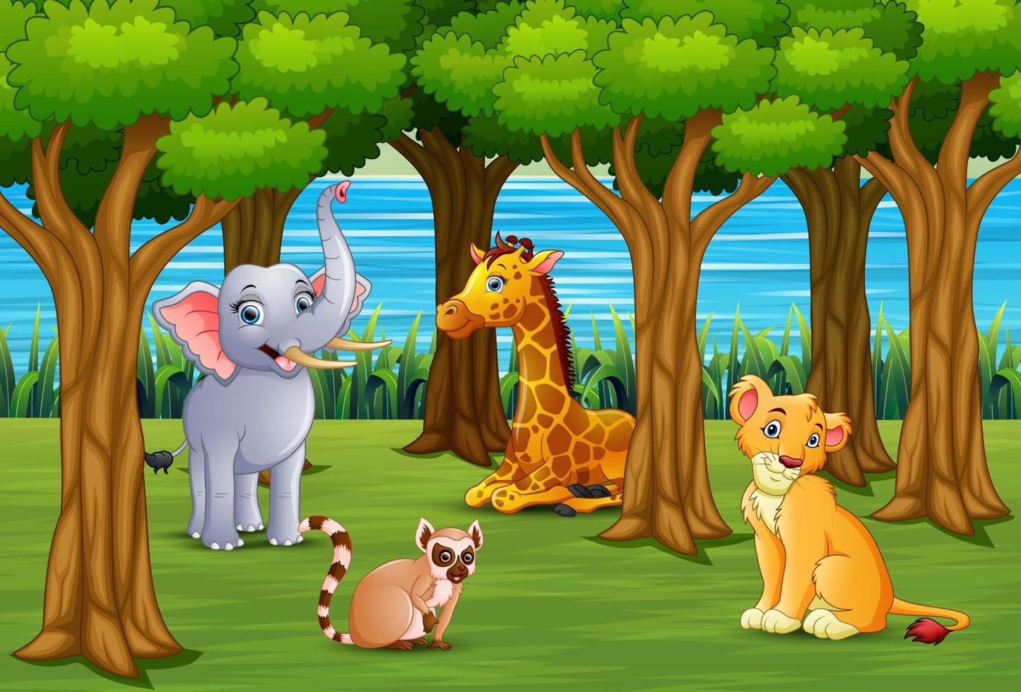 Animals cartoon are enjoying nature in the jungle vector