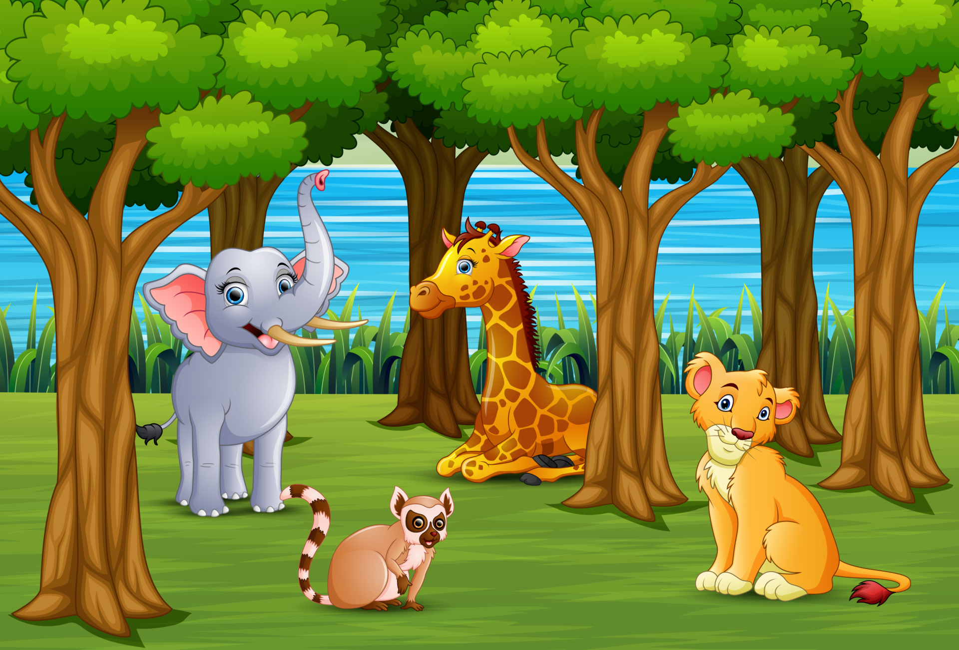 Animals cartoon are enjoying nature in the jungle 5557637 Vector Art at  Vecteezy