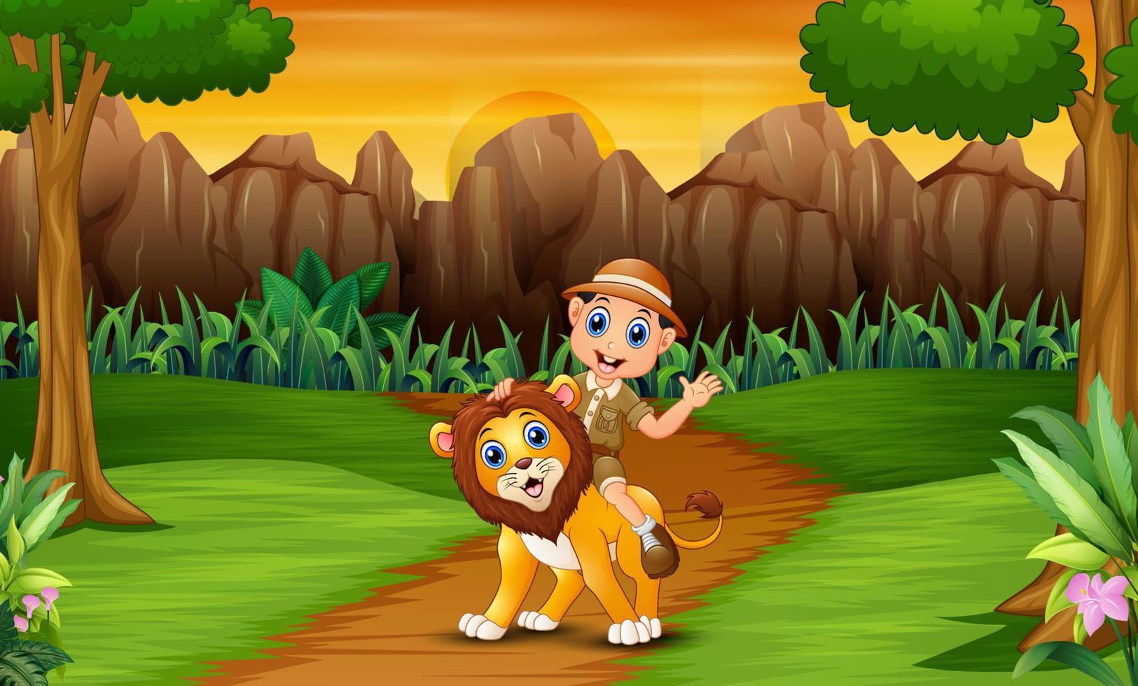 Happy zookeeper man with a lion in the jungle vector