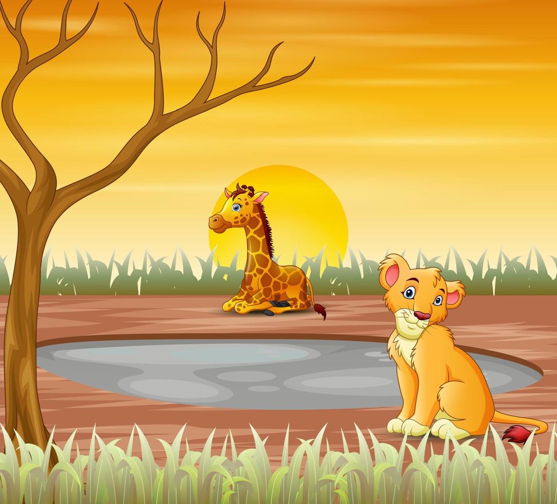 dibujos animados de animales sentados bajo el árbol seco vector