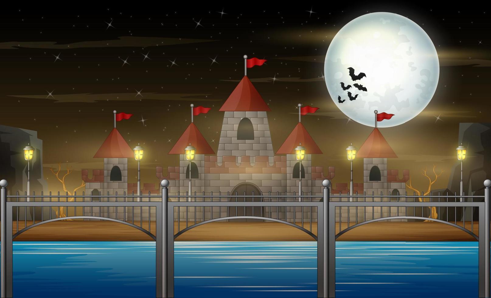 Halloween night with castle on full moon background vector