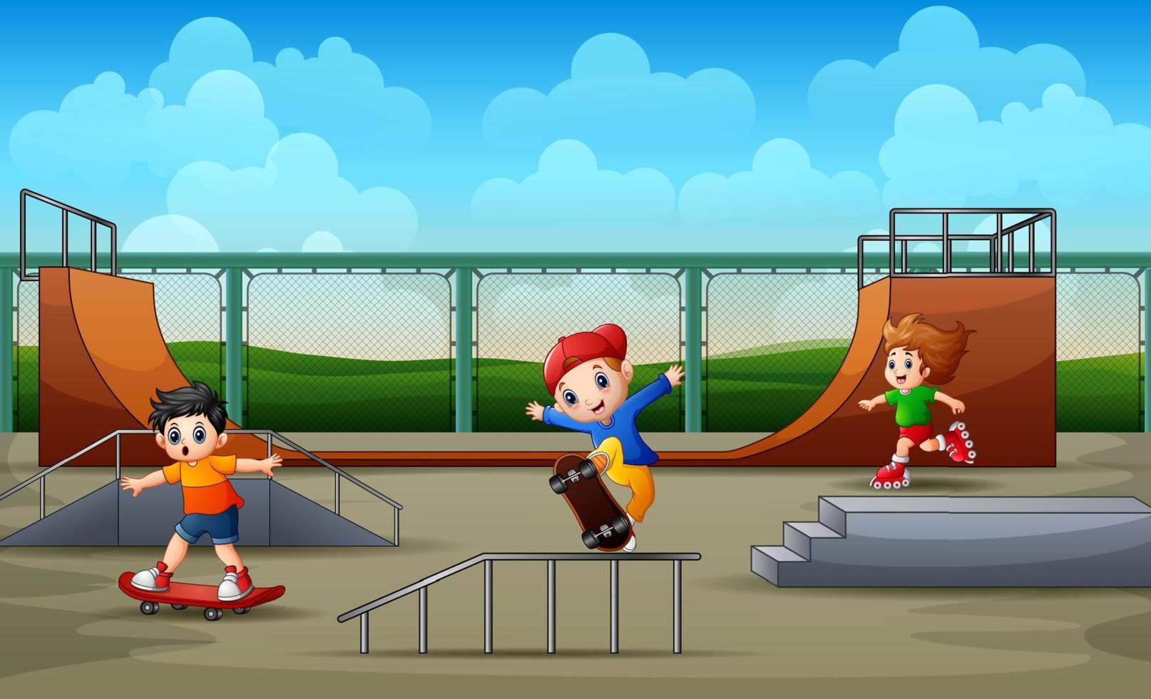 Happy boys ride using rollerblades and skateboard vector