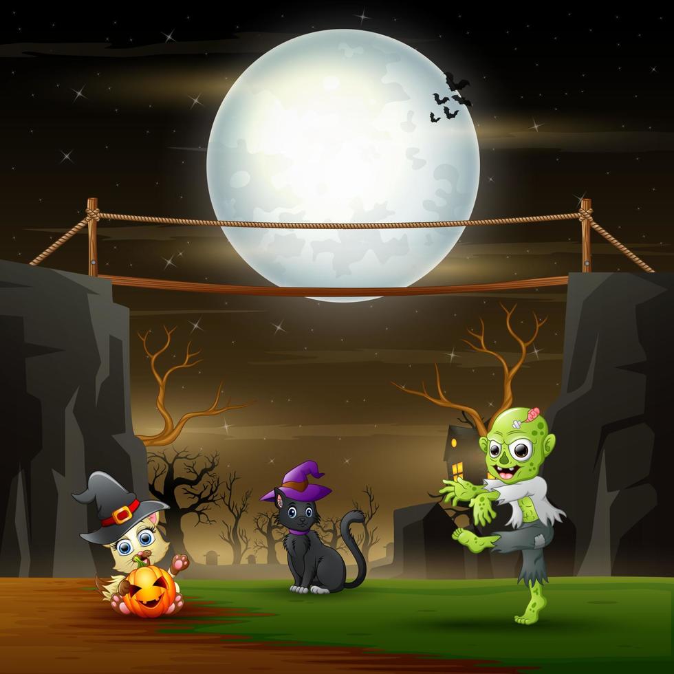 Halloween night landscape with zombie and cats in the moonlight vector