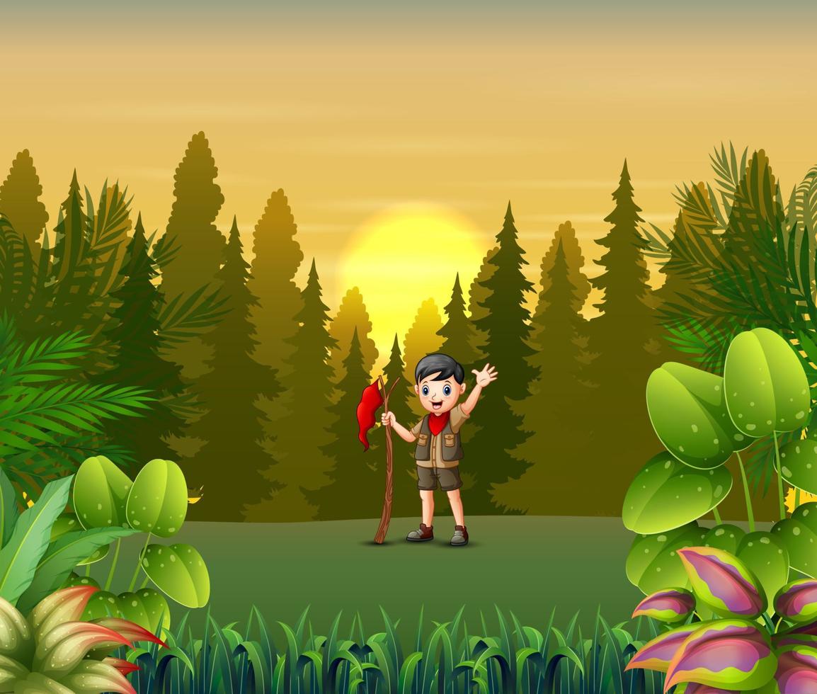 Scout boy holding red flag on the road vector