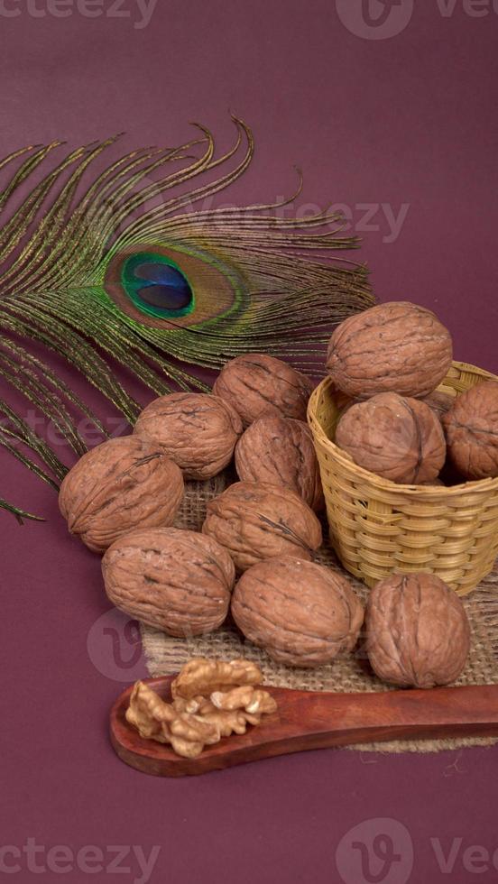 Closup photo of a walnut seed. Food that is good for brain and lower risk of heart disease.