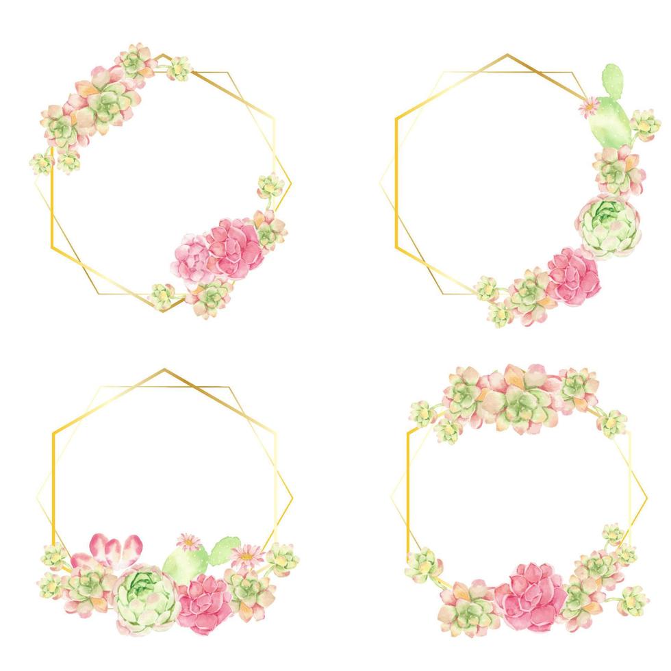 watercolor cactus and succulent bouquet arrangement on geometry gold wreath frame collection isolated on white background vector