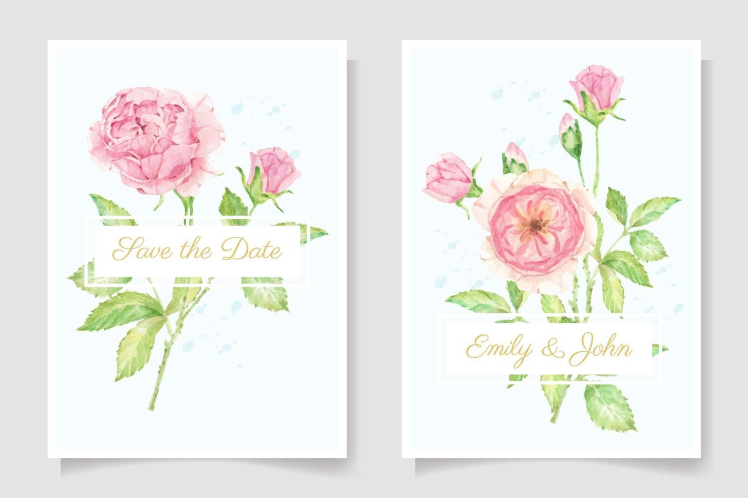 watercolor pink rose flower branch bouquet  wedding invitation card template collection vector