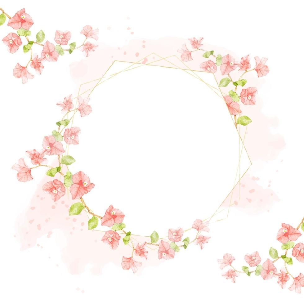 buganvillas rosas color agua sobre salpicaduras rosas con marco dorado hexagonal para la tarjeta de invitación de boda o cumpleaños vector
