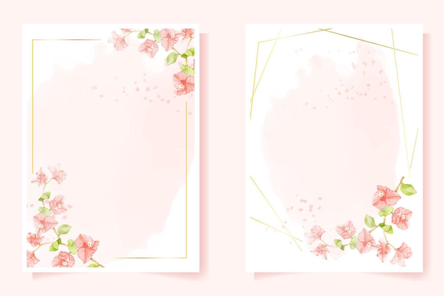 watercolor pink Bougainvillea with golden frame for wedding or birthday invitation card 5x7 template collection vector