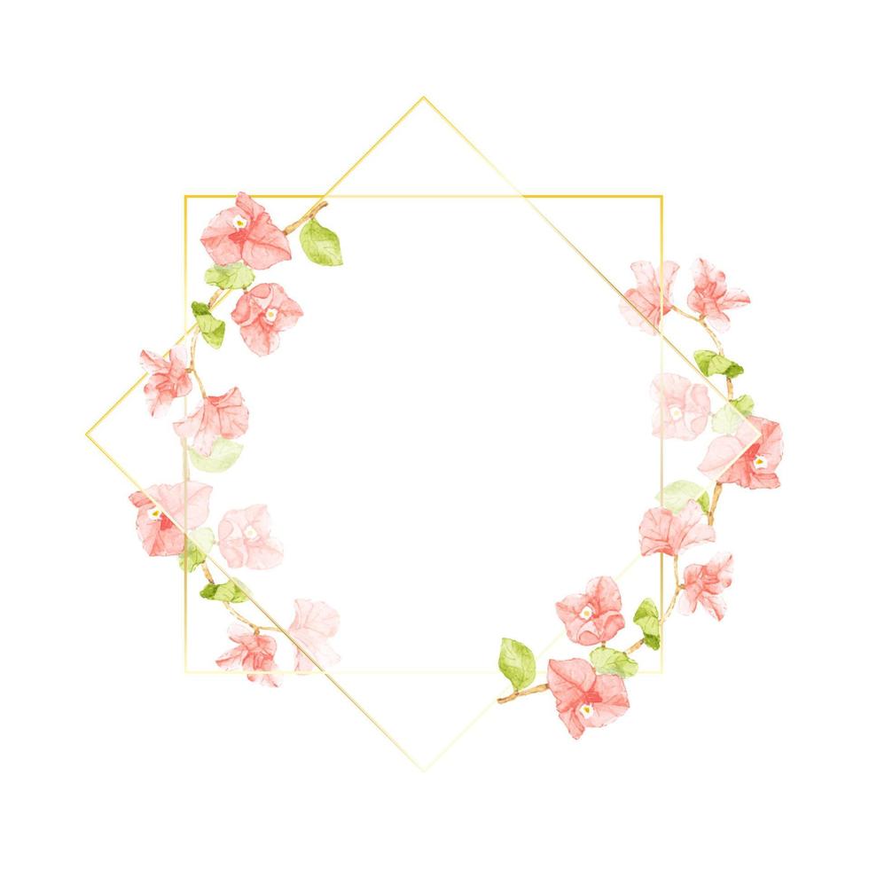 watercolor pink Bougainvillea with golden wreath frame with copy space collection vector