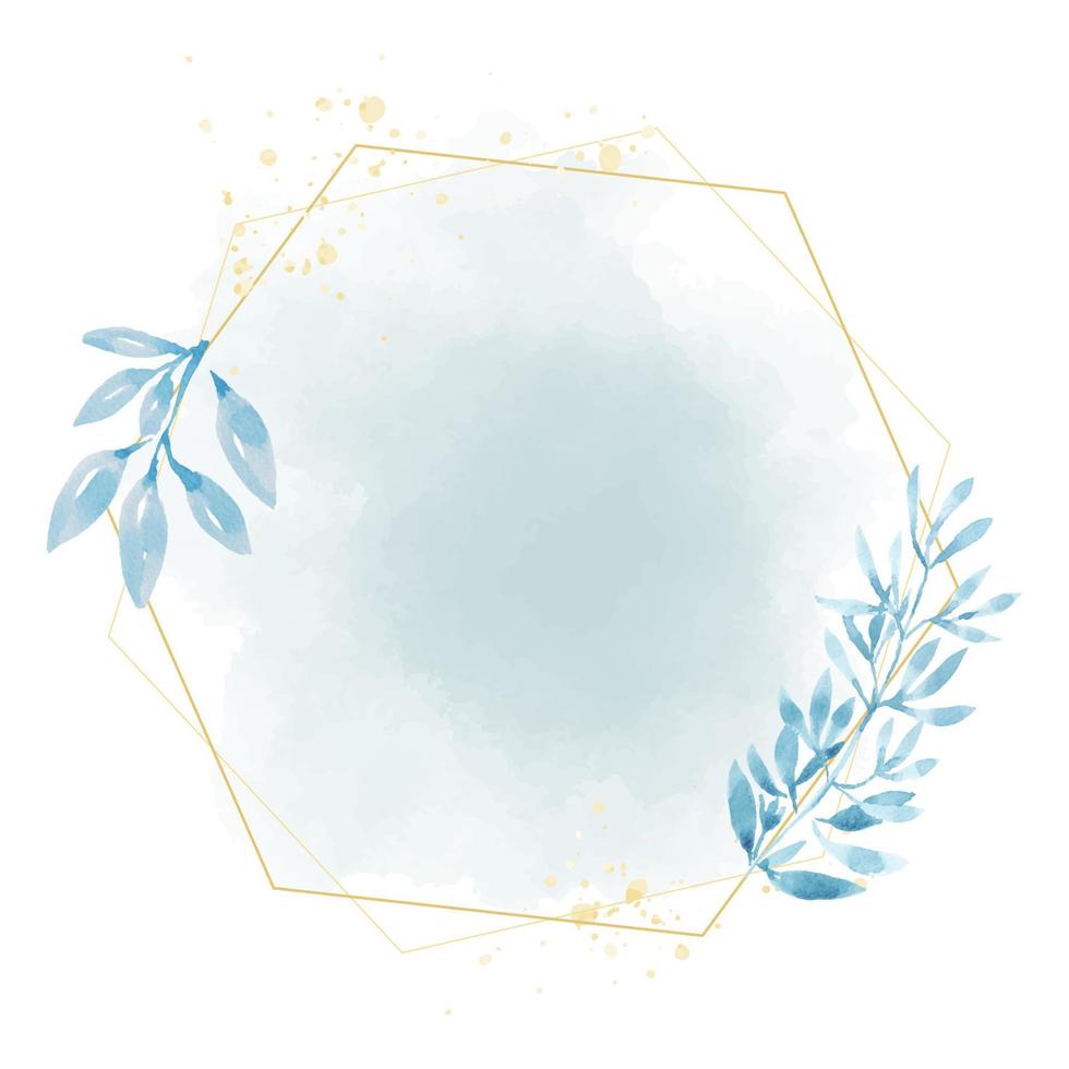 hand drawn blue leaf frame on watercolor blue splash background vector