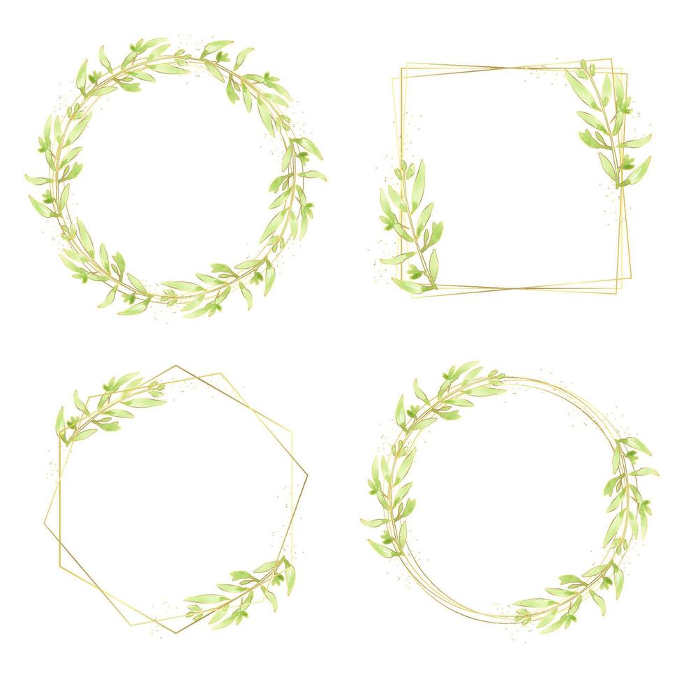 acuarela hojas verdes colección de marco de corona de brillo dorado para logotipo o pancarta vector