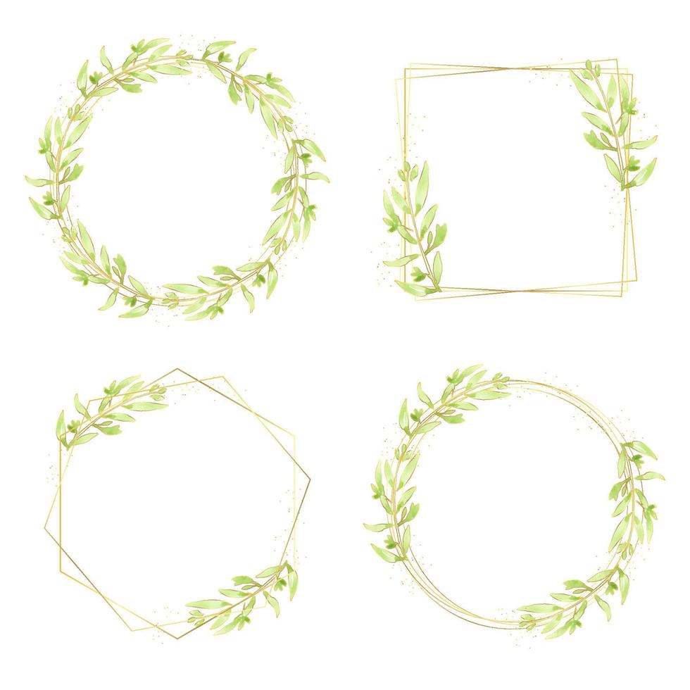 watercolor green leaves gold glitter wreath frame collection for logo or banner vector