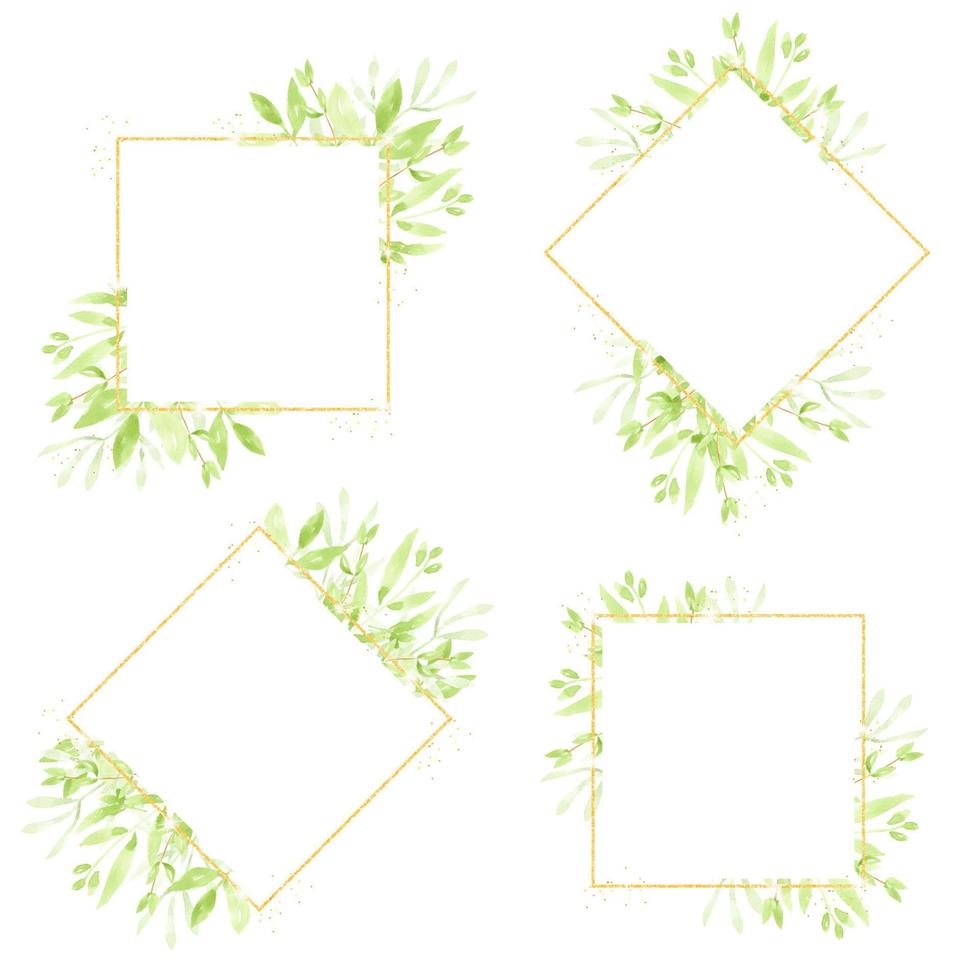 watercolor green leaves gold glitter wreath frame collection for logo or banner vector