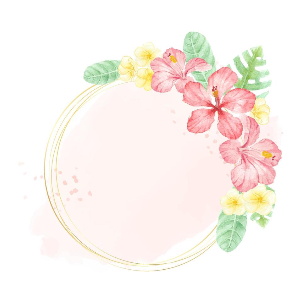watercolor red summer tropical flower hibiscus and plumeria wreath frame vector