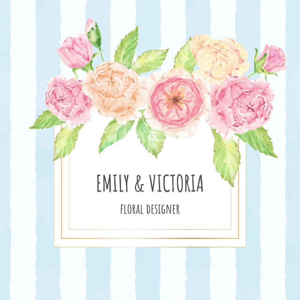 watercolor rose bouquet wreath with golden frame on blue watercolor square banner or logo background vector