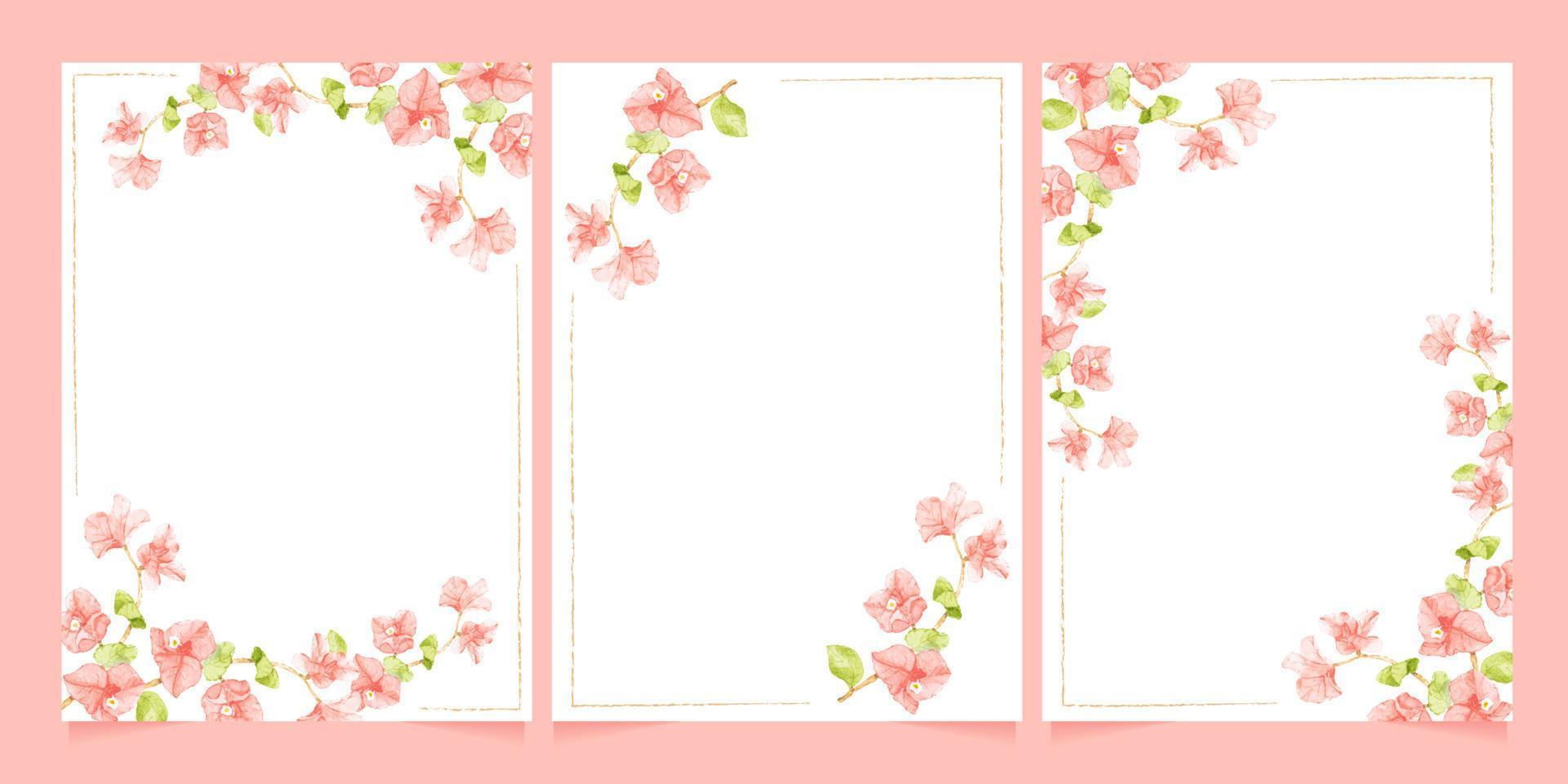 watercolor pink Bougainvillea with  minimal line frame for wedding or birthday invitation card template collection vector