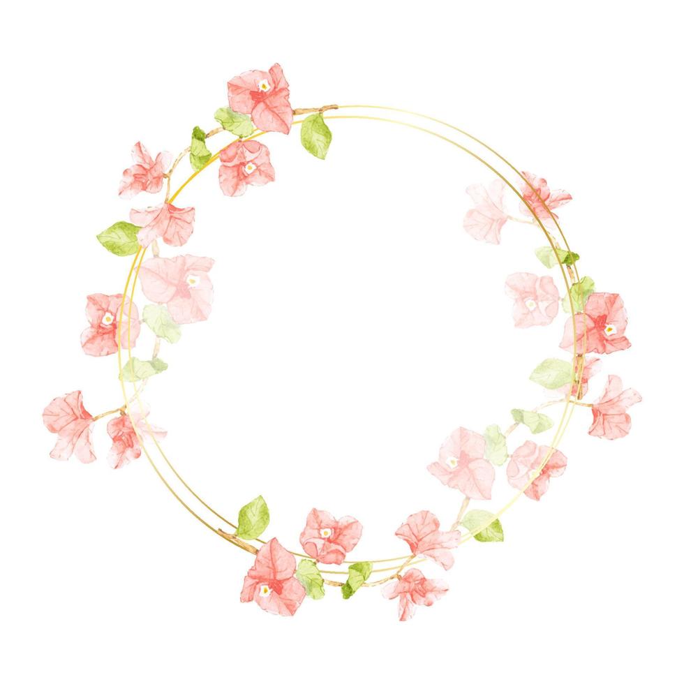 watercolor pink Bougainvillea with golden wreath frame with copy space collection vector