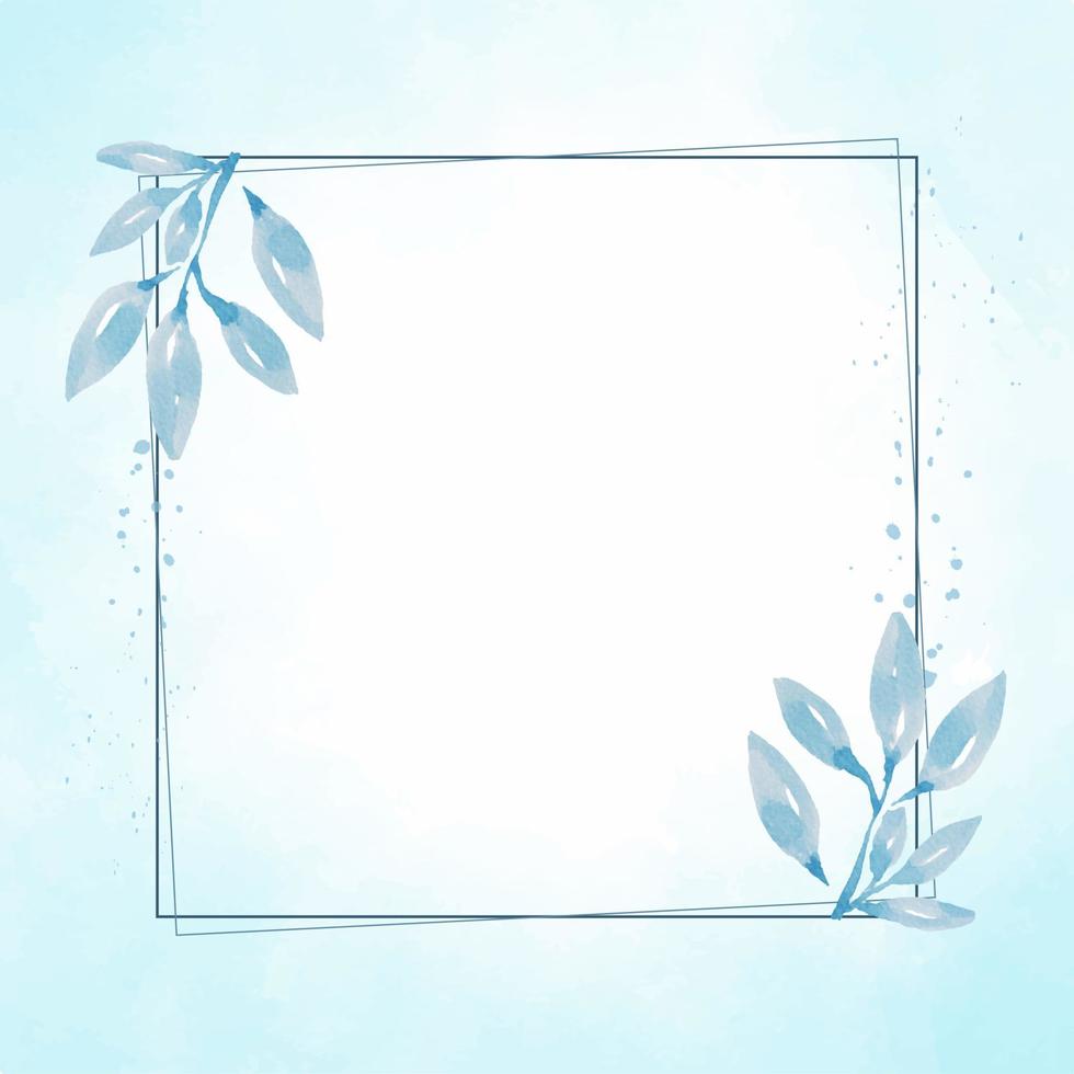 hand drawn blue leaf frame on watercolor blue splash background vector