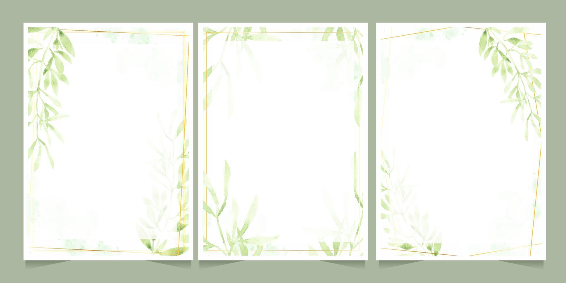 hojas verdes de acuarela con marco dorado sobre fondo de salpicadura colección de plantillas de tarjetas de invitación de boda o cumpleaños vector