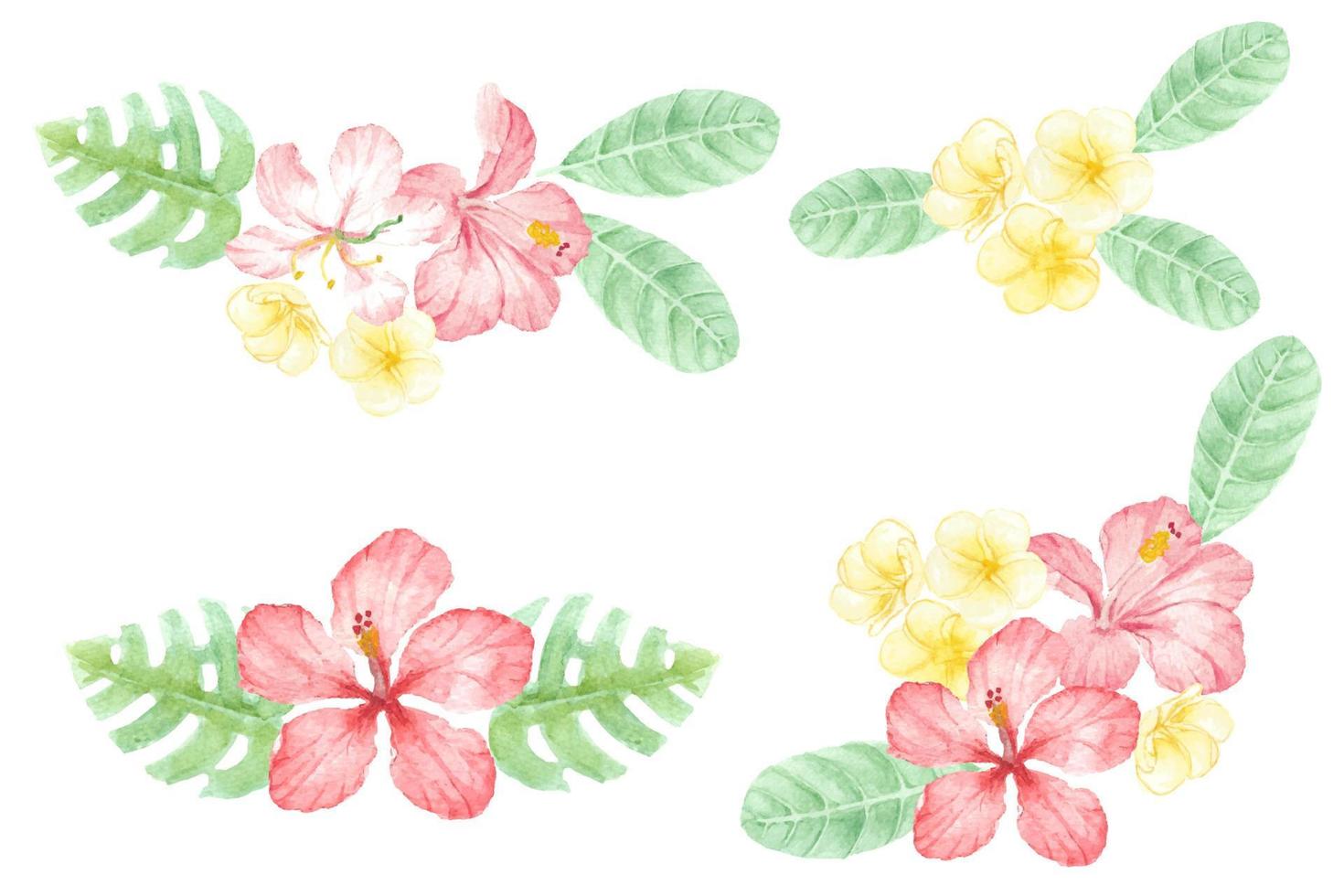 mano de acuarela dibujar colección de elementos de ramo de flores de hibisco rojo de verano vector