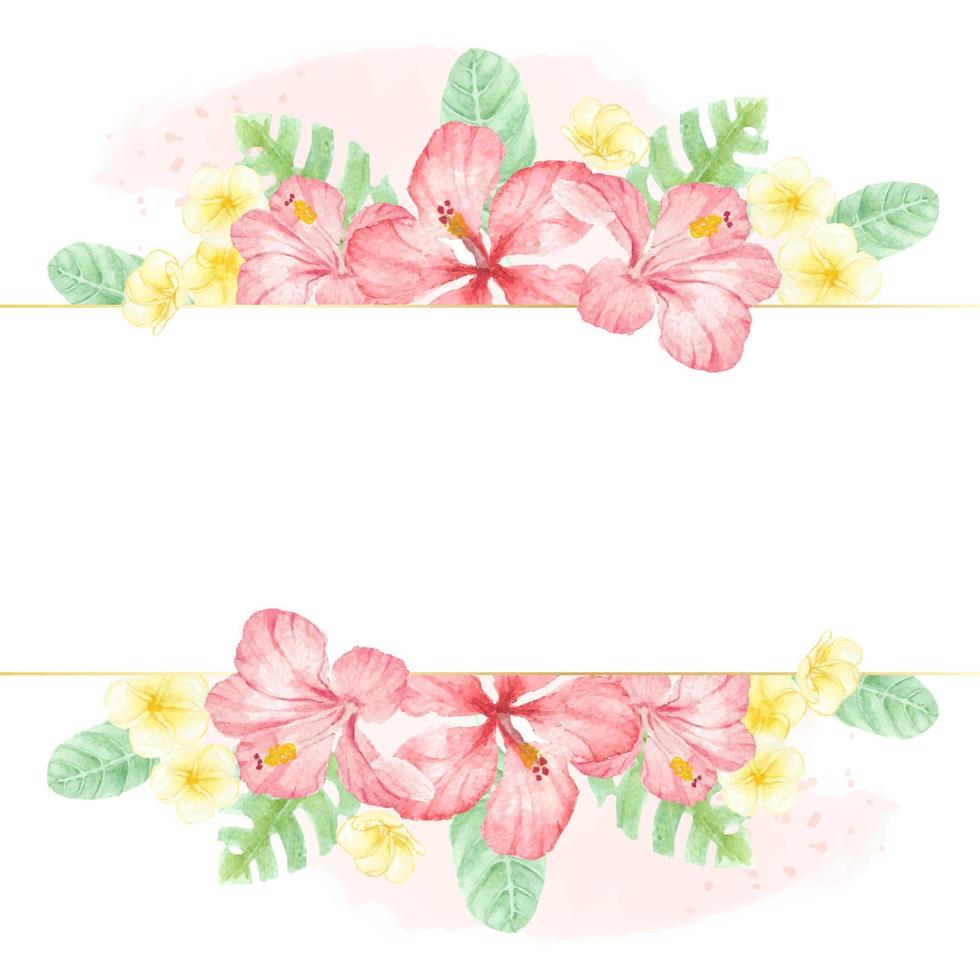 watercolor red summer tropical flower hibiscus and plumeria with golden square banner vector