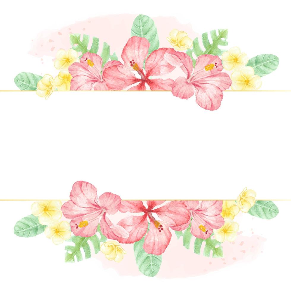 watercolor red summer tropical flower hibiscus and plumeria with golden square banner vector