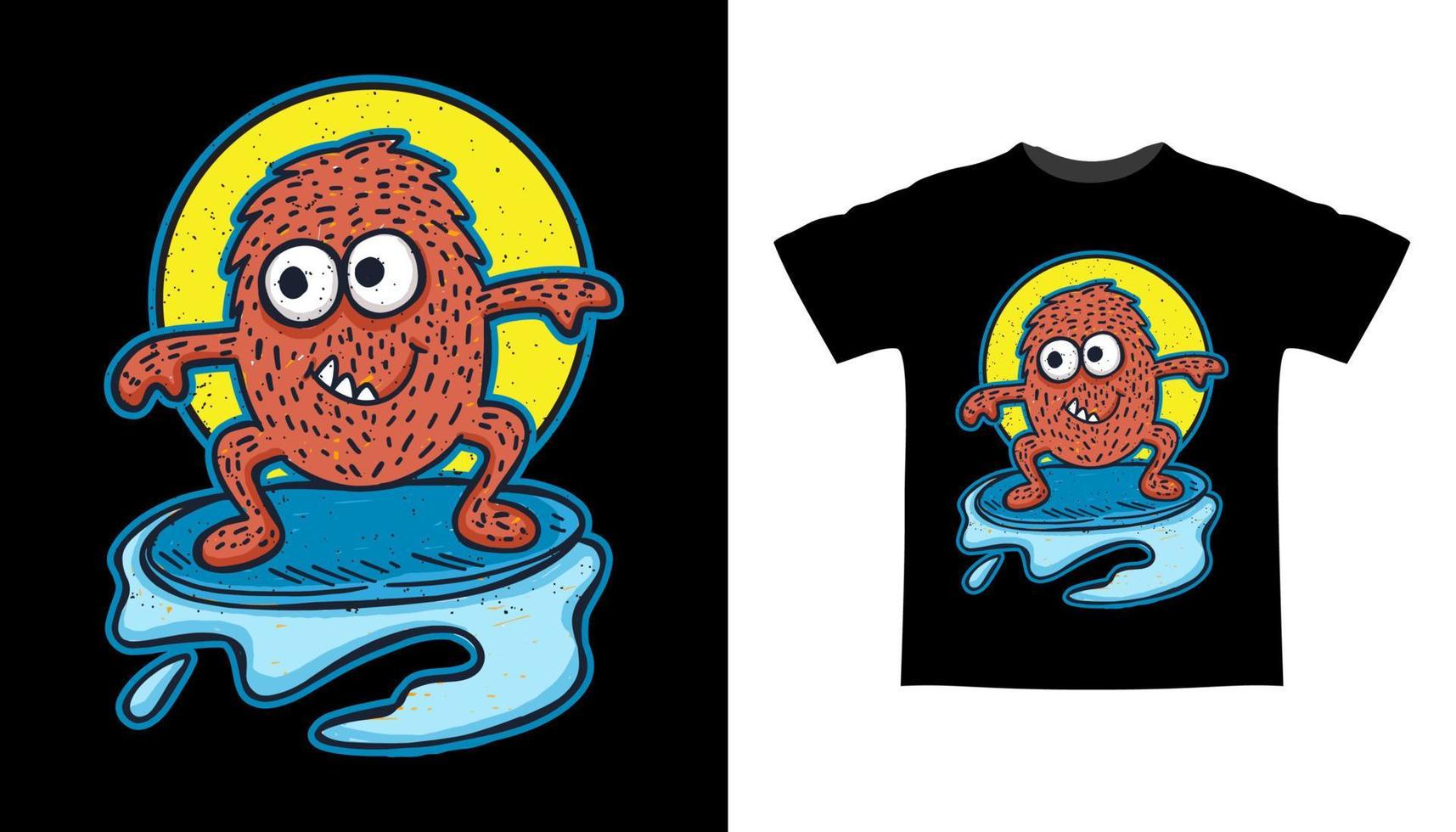 Hand drawn monster surfing t shirt design vector