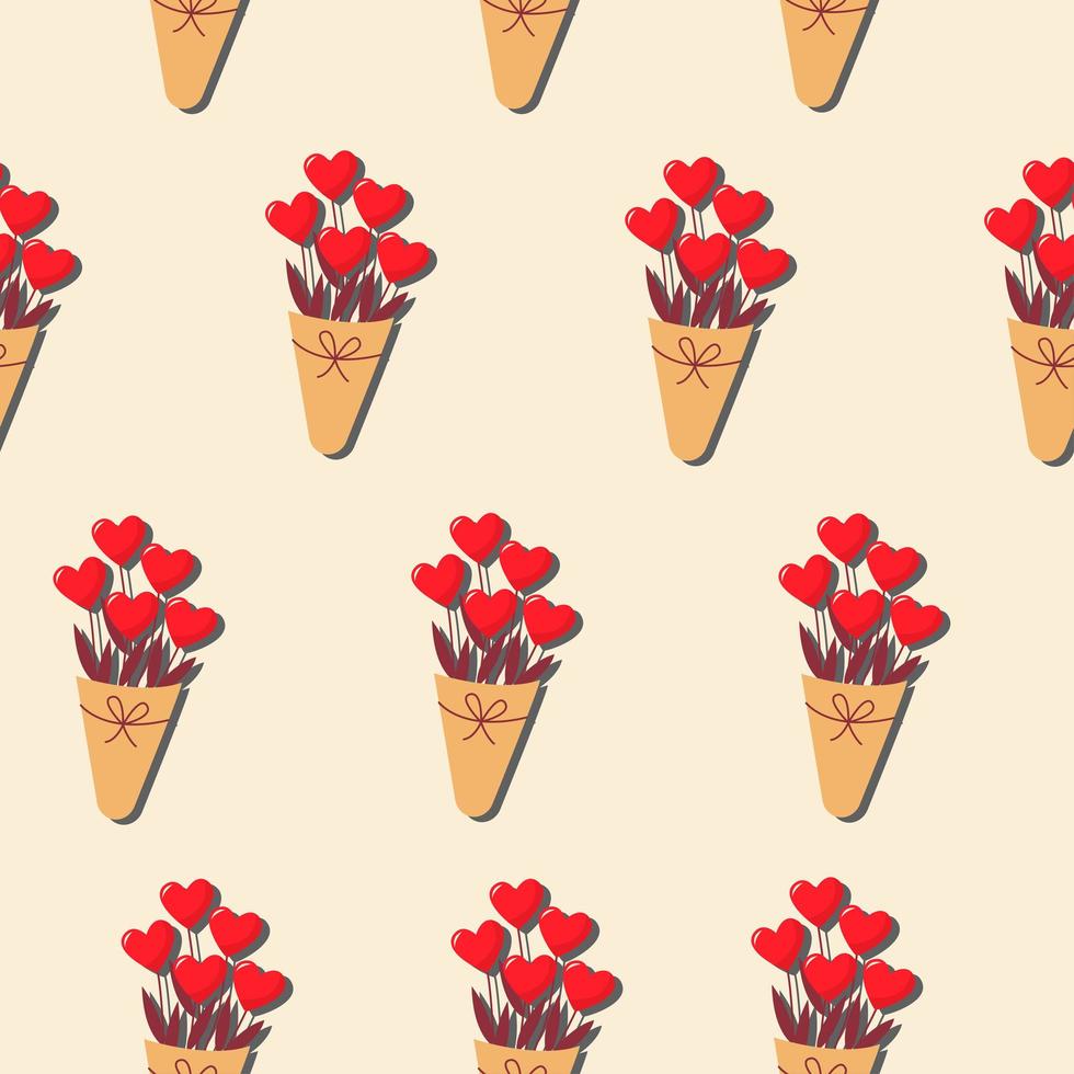 Red flowers in the shape of hearts. Vector pattern in a flat style.